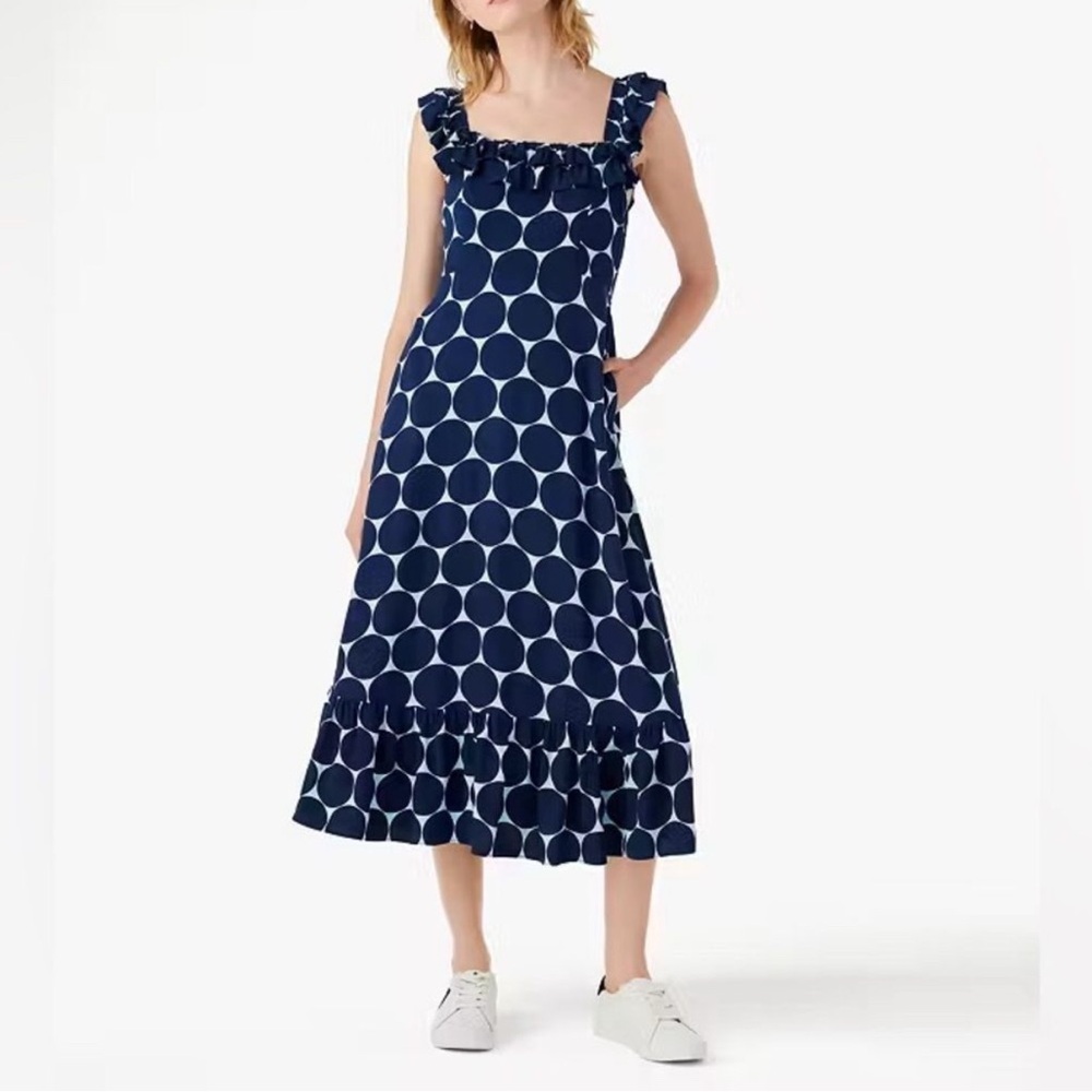 NWOT Kate Spade Blue Dotted Ruffle Dress, Midi Length S